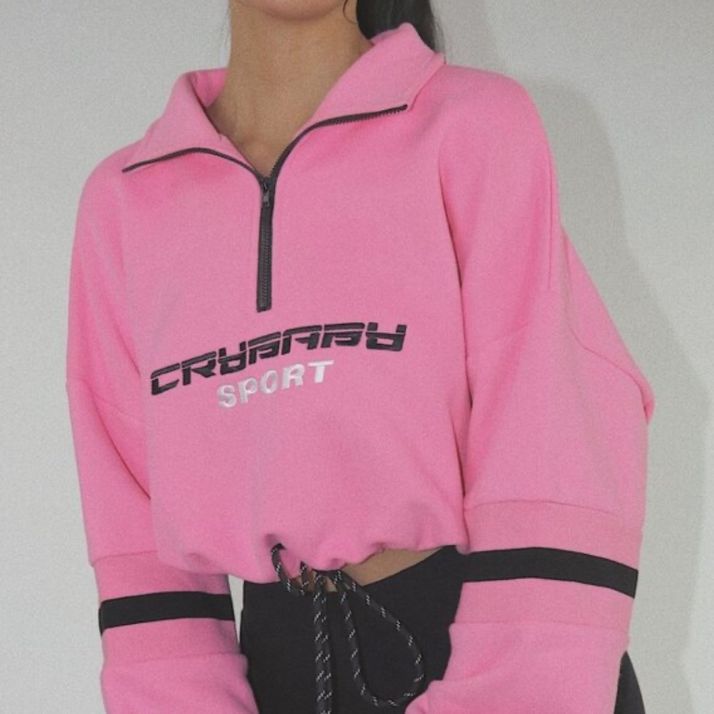 Cry Baby Sport Pink Half Zip Drawstring Cropped Pullover